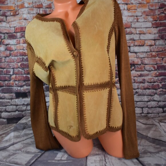 Carducci Sz Medi Leather Suede Jacket Crochet Patchwork Button Tan Boho Cowgirl - Picture 9 of 12
